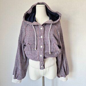 Free People Fabian Plaid Hoodie Bomber Jacket Snap Pocket Purple White